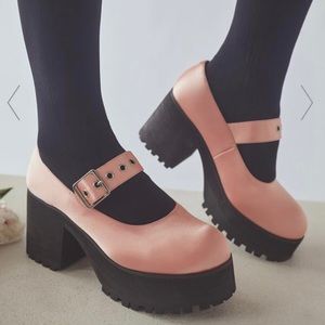 Dolls Kill Current Mood satin pink mary jane platform chunky heels lolita shoes